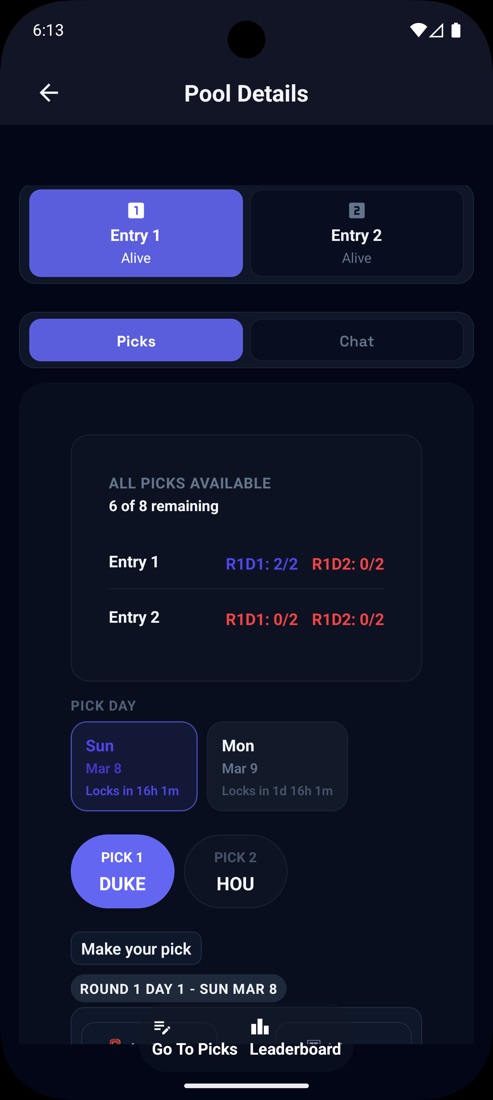 Poolhouse pick entry interface shown on a mobile phone.