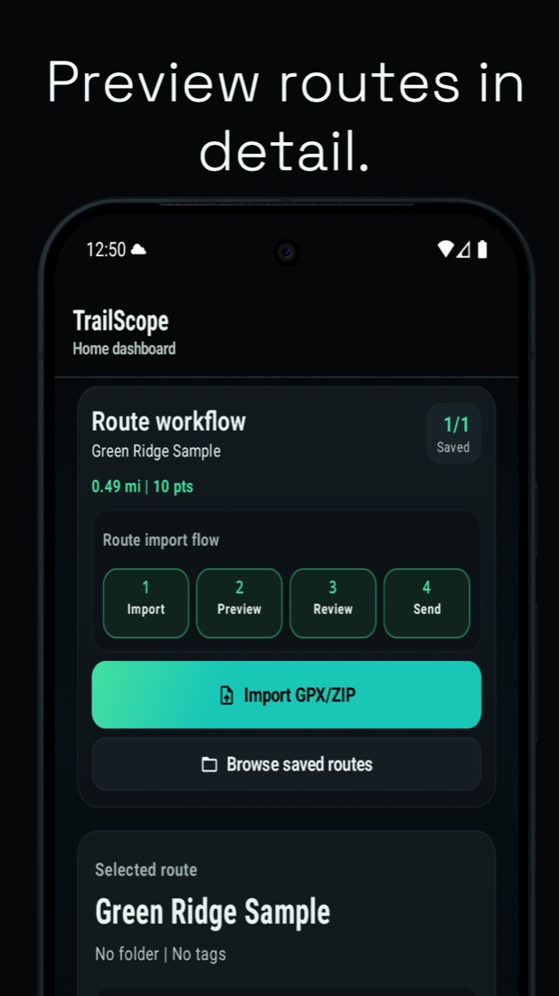 TrailScope route workflow shown on an Android phone.
